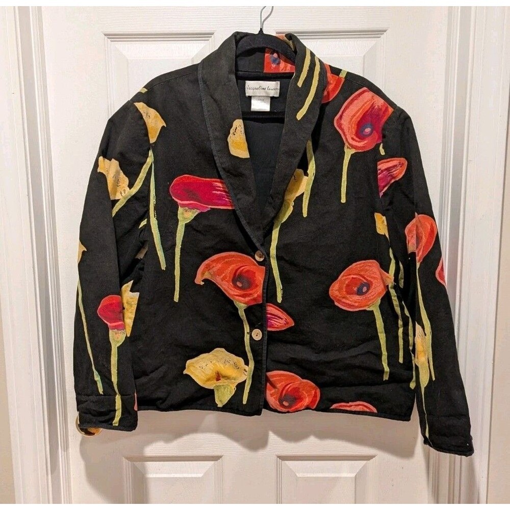 Vintage Jacqueline Lauren Size Large Black Red &‎ Yellow Floral Painted Jacket